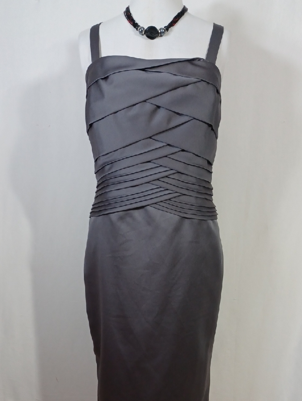 Sleek Gray Satin Midi Dress with Pleated Crossover Bodice